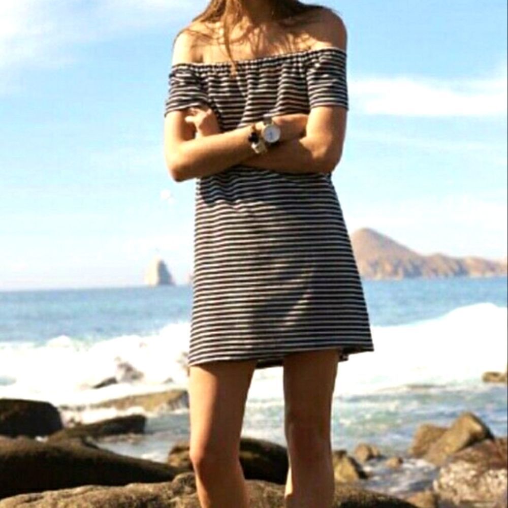 Madewell Off the Shoulder Mini Shift Dress Striped Black White Nautical Size XS